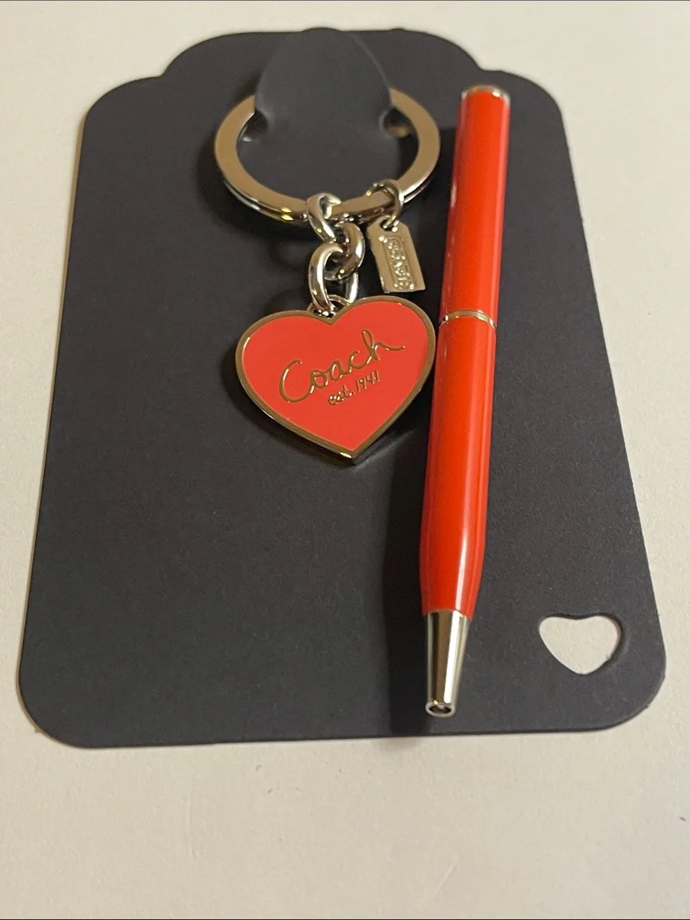 Coach Burnt Orange Heart Enamel Keyring and Coach Pen